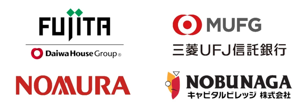 出資企業のロゴ（フジタ、三菱UFJ信託銀行、野村ホールディングス、NOBUNAGAキャピタルビレッジ）